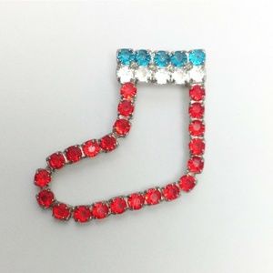 Red Christmas Stocking Brooch Holiday Gold Metal Pin Rhinestone Jeweled Vintage